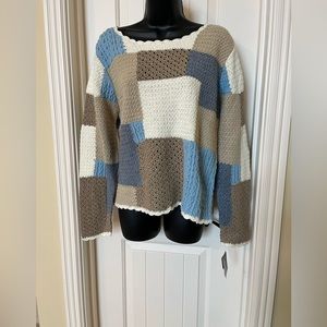 66-MMT Crazy Horse Knit Sweater Color Block Pattern Multicolor Size L Crocheted